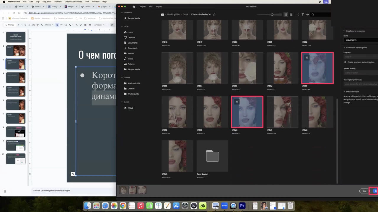 Окно импорта Premiere Pro с превью видео, два клипа отмечены галочкой