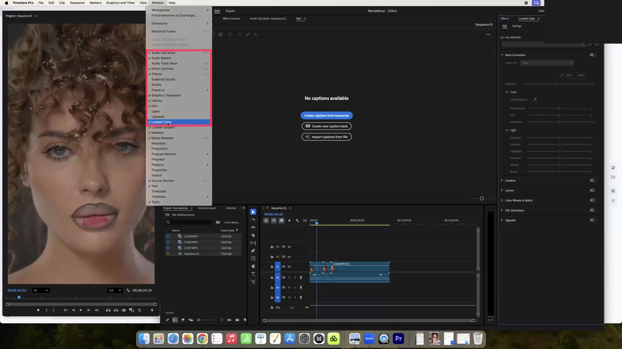 Меню Window в Premiere Pro, отмечены Effect Controls, Effects и Lumetri Color