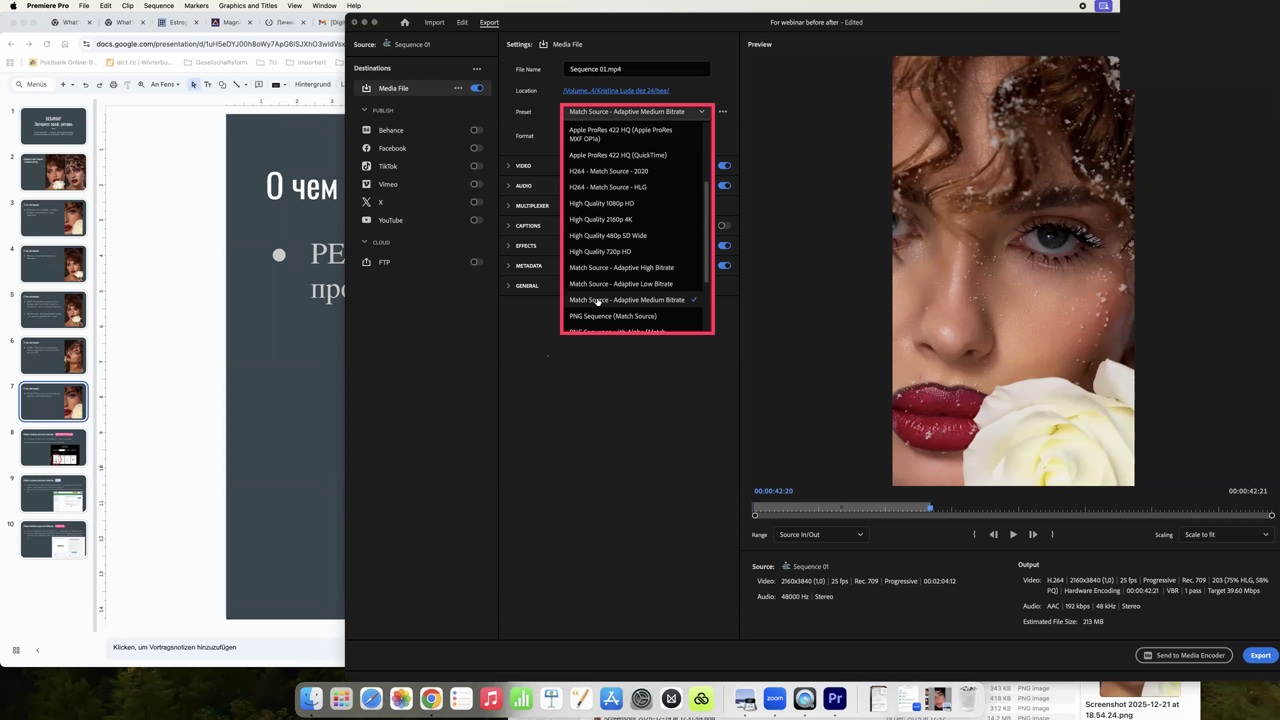 Список Preset в окне Export, галочка у Adaptive Medium Bitrate
