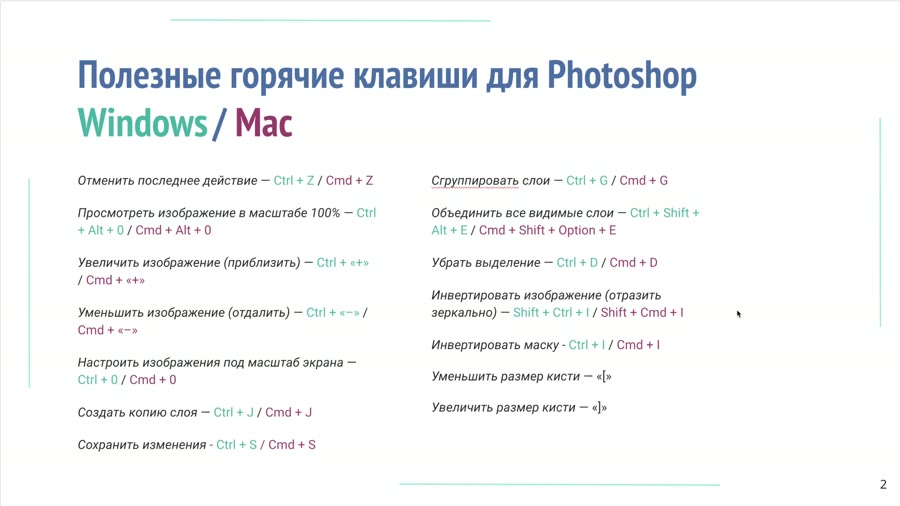 Горячие клавиши Photoshop для ретуши: шпаргалка из методички (Windows и Mac) — кадр